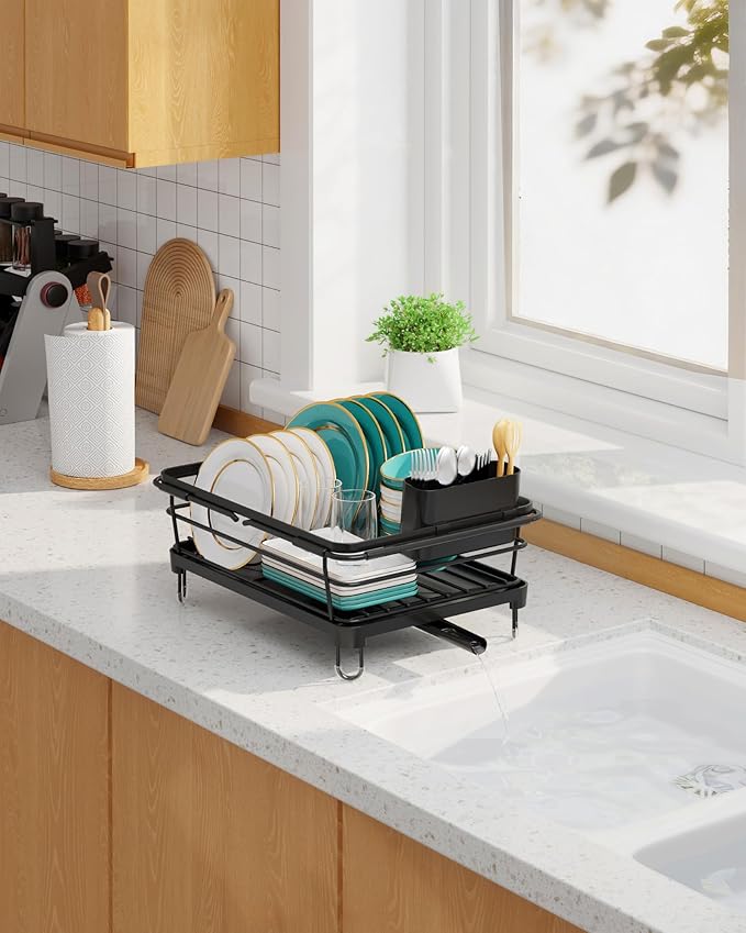 Sakugi Dish Drying Rack in Sink - Expandable Stainless Steel Dish Rack Over The Sink, Kitchen Sink Drain Strainer with Cutlery Holder & Cup Holders, 15.2 x 10.0 x 4.2 Inch, Black