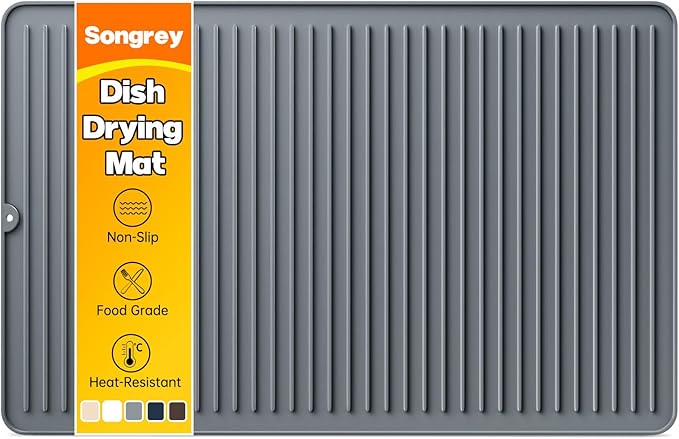 Songrey 28" x 18" Silicone Dish Drying Mat, Kitchen Counter Drying Pad for Sink Dishes or Under Rack, Multi-Use as Heat Resistant Trivet, Coffee Bar Mat