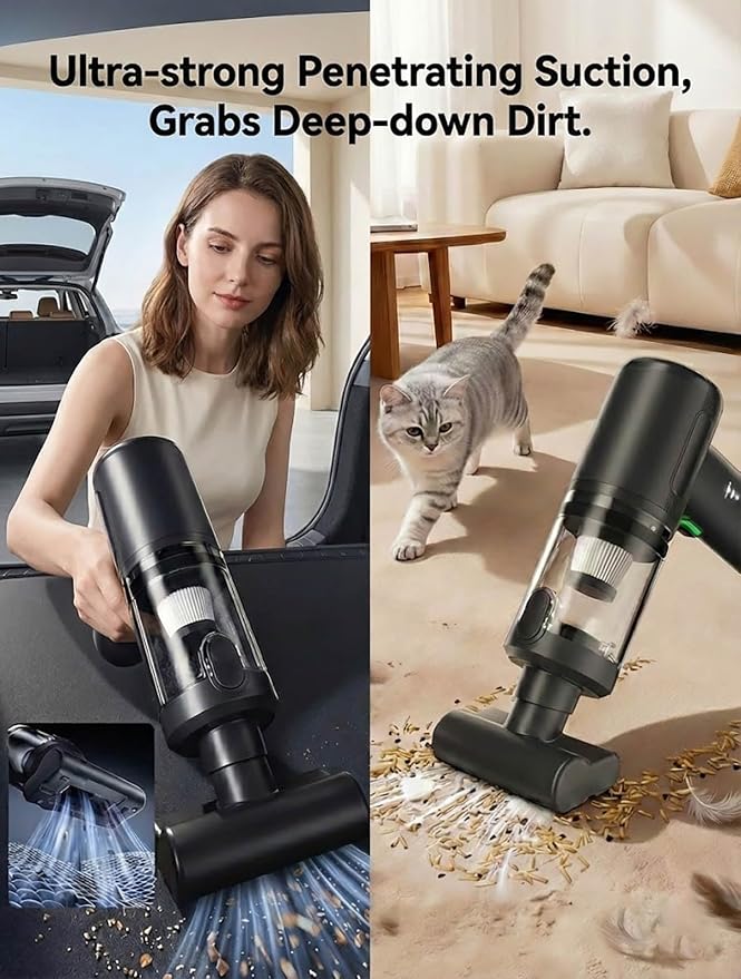 Handheld Car Vacuum Portable Cordless Interior Cleaner, 20000Pa Ultra-Strong Suction & Air Duster, Brushless Motor & HEPA Filter, 100W High Power Mini Vacuum Cleaning Kit for Home, Office, Pet Hair