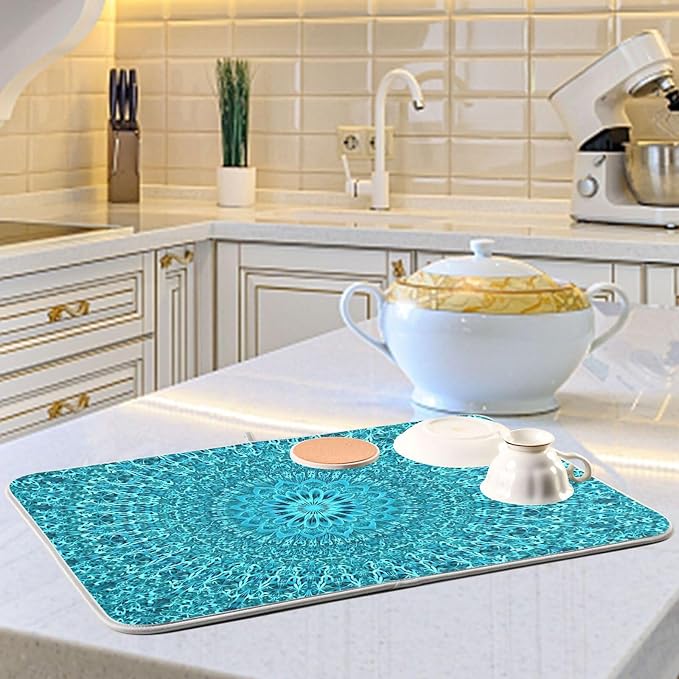 Super Absorbent Dish Drying Mat Microfiber Fast-Drying Dish Mat 16" x 18" Kitchen Dish Drying Pad Mandala Turquoise Teal Blue Green