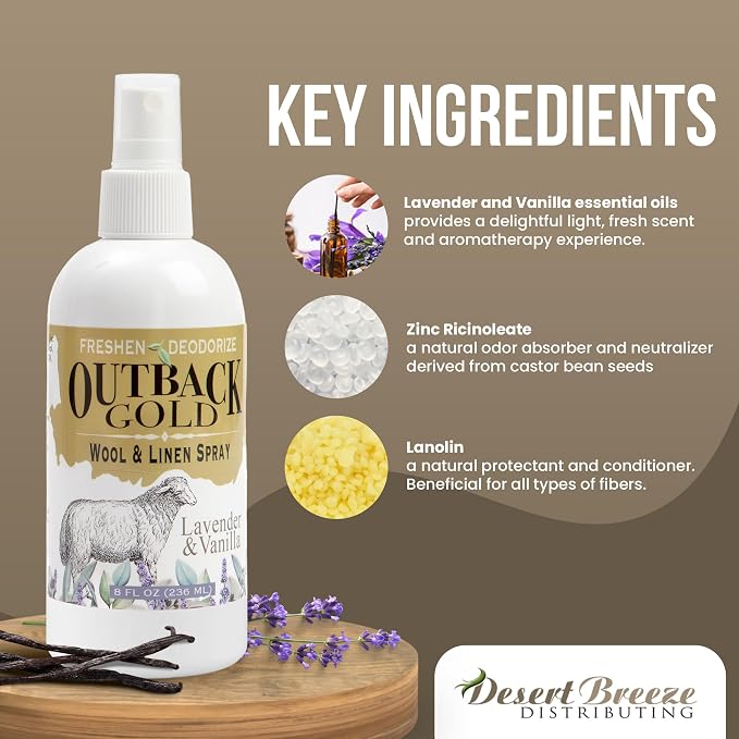 Outback Gold Linen Spray, Lavender & Vanilla, Fabric Freshener, 8 fl oz | Essential-oil linen and fabric freshener for wool, bedding, and home textiles. Eco-friendly, made in USA.
