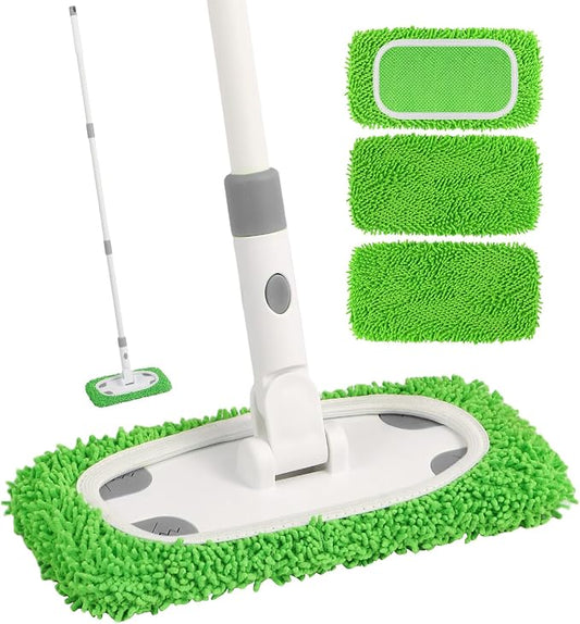 Reusable Microfiber Floor Mop System, Wet & Dry Sweeper Kit | Includes 1 Sweeper Handle, 3 Washable Chenille Mop Pads, Dry & Wet Use for Hardwood, Tile, and Laminate Floor