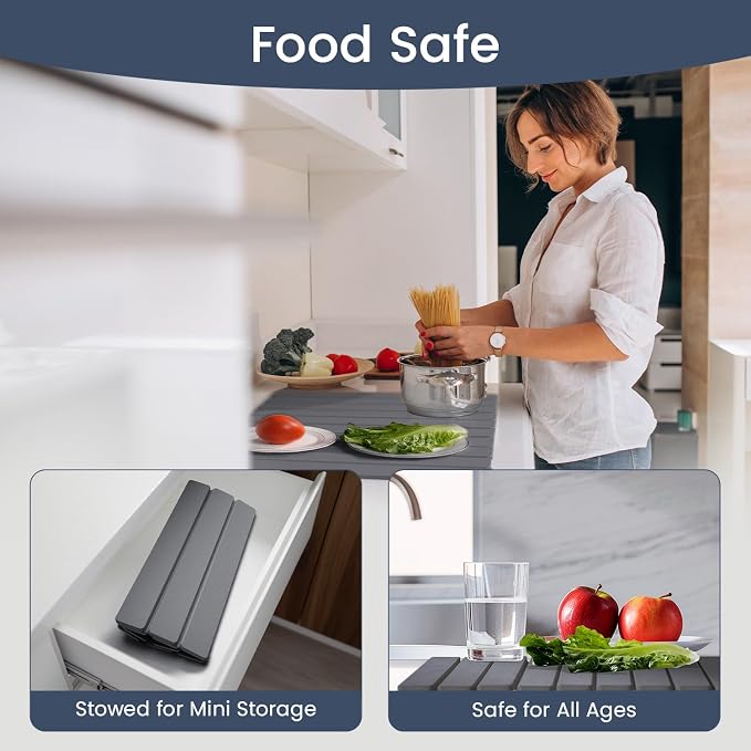 Meowoo Stone Drying Mat for Kitchen Counter, 23.6"x15.3" Foldable Diatomaceous Earth Mat, Super Absorbent, Quick-Dry Bath & Kitchen Pad for Dishes, Cups, Non-Slip, Fits Any Countertop - Dark Gray