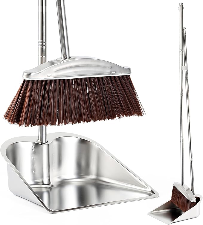 VOOWO Broom with Dustpan Combo Set, 46" Stainless Steel Broom and Dustpan Set for Home, Heavy Duty Dust Pan with Long Handle, Broom for Sweeping Indoor and Outdoor, Kitchen Broom and Dust Pan (Brown)