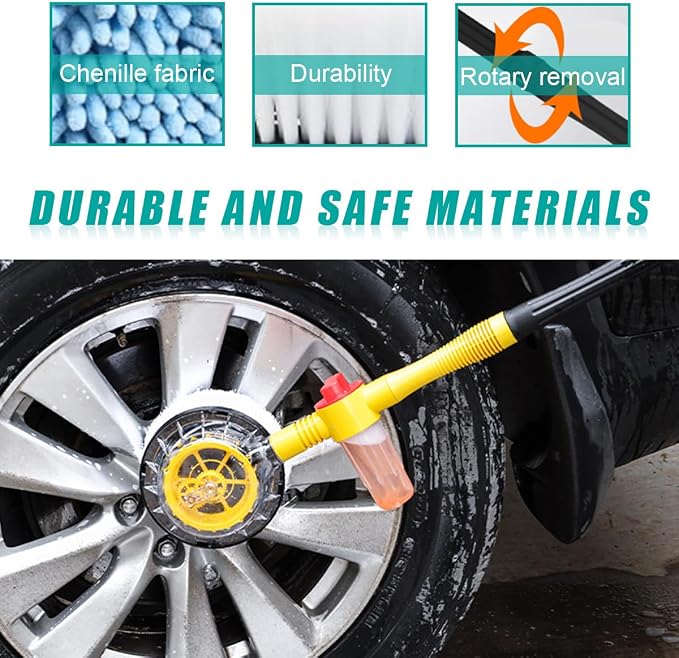 povtii Rotating Car Wash Brush, 360° Spin Auto Cleaning Brush with Long Handle, Detachable Washing Brush with Soft Chenille Bristles Universal for Most Vehicles, Car Accessories (Brush+5m Hose)