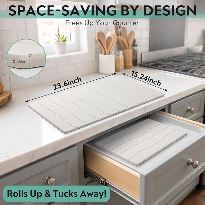 Stone Drying Mat for Kitchen Counter, Quick Diatomaceous Earth Mats for Dishes, Super Absorbent Fast Drying Collapsible Countertop Stone Mat , for Dishes Bottles Cups Bathroom ,24"(L)×16 (W)
