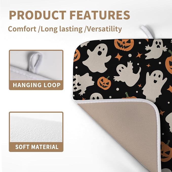 Halloween Dish Drying Mat for Kitchen Counter Pumpkin Spooky Ghosts Fall Dish Mat Absorbent Microfiber Reversible Dish Draining Mat Medium Dishes Pad 16 X 18 Inch