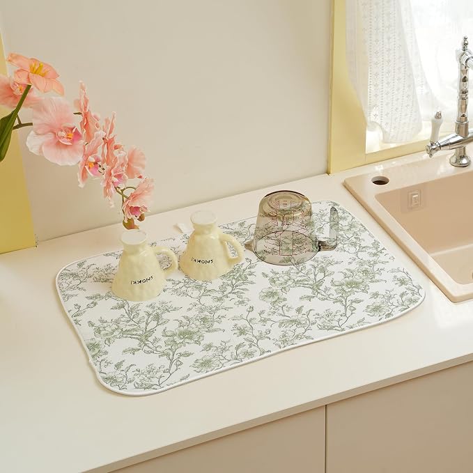 Sage Green Dish Drying Mat 18 x 24 Inch Chinoiserie Light Green Floral Drying Mat for Kitchen Counter Absorbent Spring Summer Flowers Dishes Dry Pad for Drainer Rack Kitchen Fast Dry