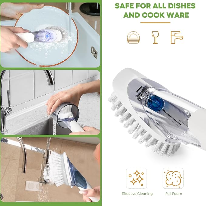 RIMAY Dish Brush with Soap Dispenser, Dish Washing Brush with Handle, Soap Dispensing Dish Brush, Soap Brush for Kitchen Sink, Dish Wand Kitchen Brushes for Dishes/Pans/Pots/Sink (White)