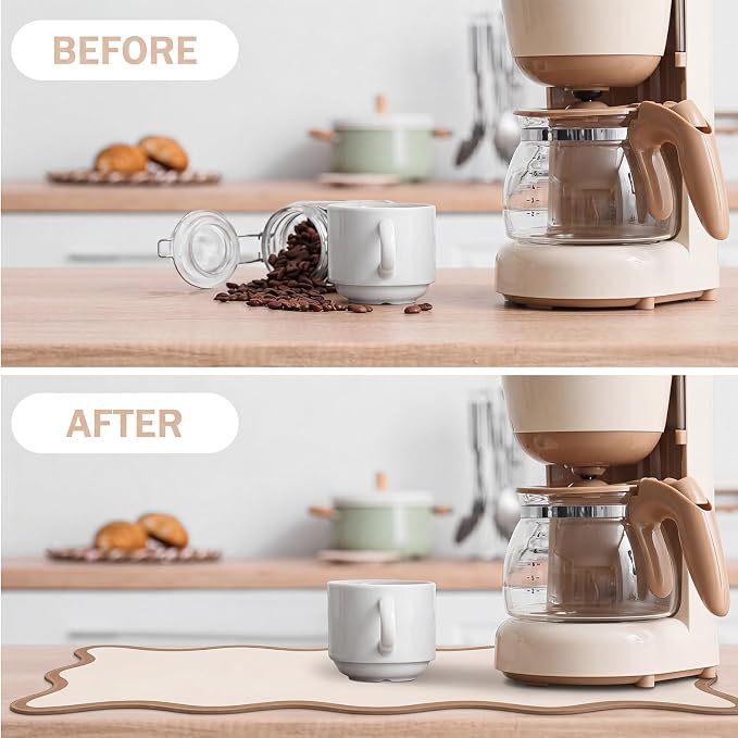 Nuanchu Beige Scalloped Dish Drying Mat for Kitchen Counter, Waterproof Easy Clean Non-slip Coffee Bar Station Accessories, Trendy Cute Aesthetic Modern Drainer Kitchen Drying Mat, 12" x 19"