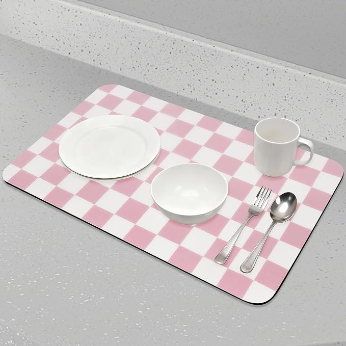 CooRug Checkered Dish Drying Mat, 12" x 20", Pink | Absorbent, Leak-Proof, Non-Slip, Heat Resistant, For Kitchen Counter & Coffee Bar, Eco-friendly Materials, Easy to Clean