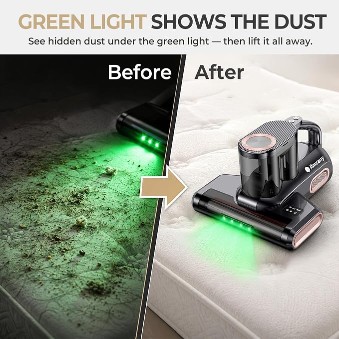 Amzany Mattress Vacuum Cleaner, 18Kpa Cordless Bed Vacuum with 253.7nm UV-C Light, 140°F Heat, HEPA Filter & Ultrasonic, Green Light Display & 52800 BPM Tapping for Bed Sofa Couch Pet Hair