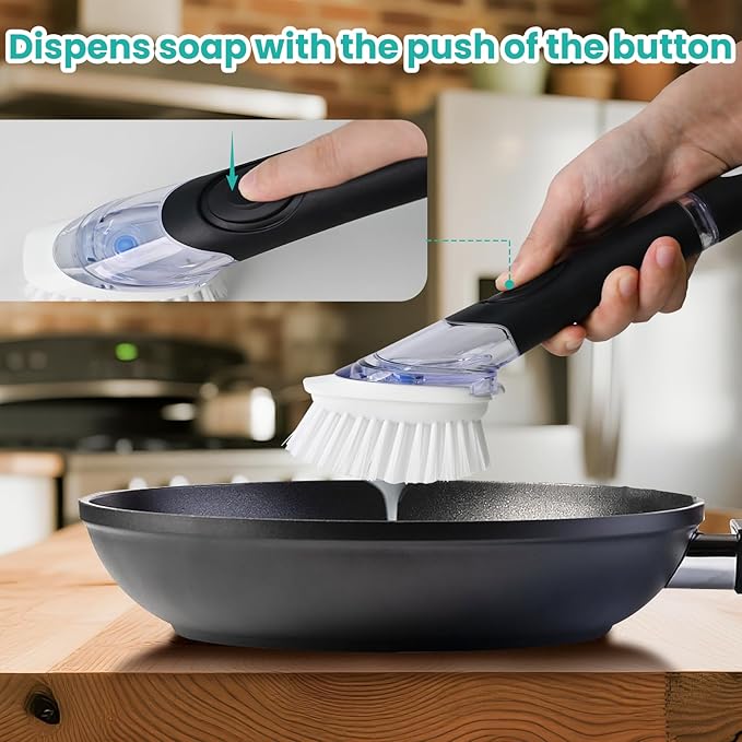 2 Pack Soap Dispensing Dish Brush, Dish Scrub Brush with Soap Dispenser, Dish Soap Brush for Dishes, Pans, Sink, Pots | Dish Soap Brush, Built-in Soap Dispense, Built-in Scraper, Replaceable Dish Head