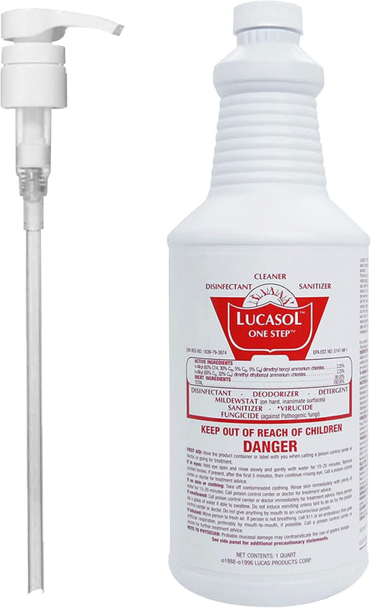 Lucasol One Step Disinfectant, 1 Quart (32 Ounce) Disinfectant & Attachable Dispenser Pump Combo, All Purpose Cleaner Disinfectant Spray For Hospitals, Schools, Salons, Household Cleaning And More.