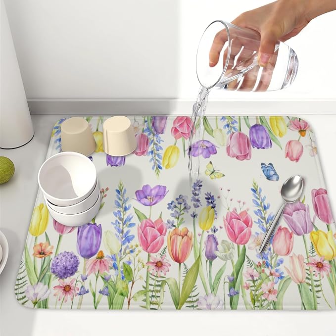 Spring Floral Dish Drying Mat for Kitchen Counter Easter Tulip Lavender Flower Microfiber Dish Drainer Mat Rustic Farmhouse Absorbent Washable Drying Pad 16"x18"