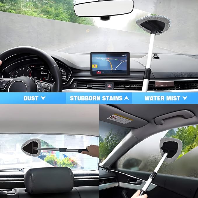 Extendable Car Windshield Cleaning Tool with Microfiber Pads, Gray | reusable glass-wiper design, interior and exterior window use, fits most cars, SUVs, and trucks, automotive cleaning tools