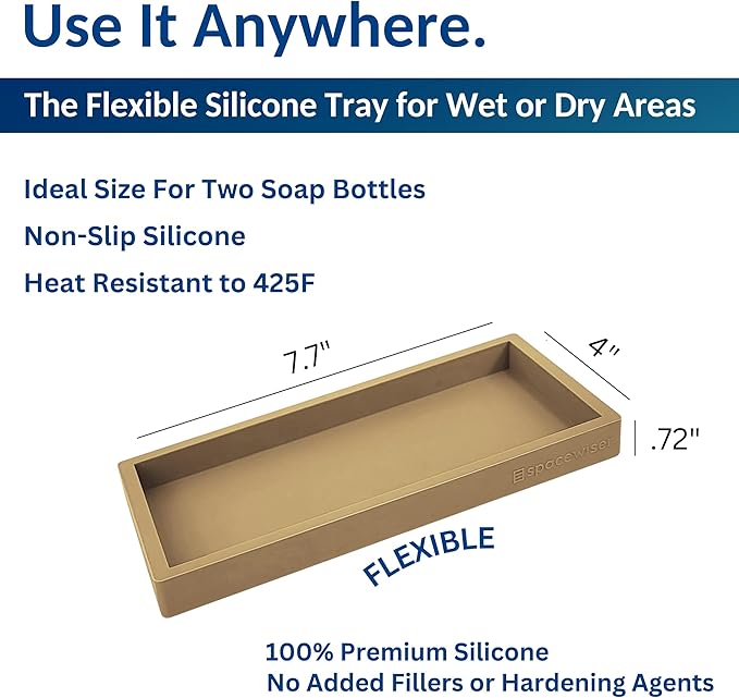 Spacewiser Countertop and Vanity Tray – Small 7.7" Silicone Soap Dispenser Trays, Flexible Bathroom Trays, Dish Soap Holder Kitchen Counter Caddy, Organizer Sink Tray for Soaps Bottles, Sponge, Keys