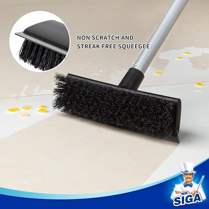 MR.SIGA Floor Scrub Brush with Long Handle for Cleaning Cleaning Bathroom | Shower floor scrubber, 2 in 1 scrubber and squeegee for cleaning patio, garage, wall, tile with stiff Bristles