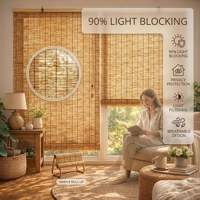 Bamboo Patio Shades Light Filtering Outdoor Roll Up Shades, Bamboo Porch Blackout Roller Blinds 36 48 72 84 62 inches Long Sunshade Window Treatment for Home Decor, Cordless(30" W x 36" H)