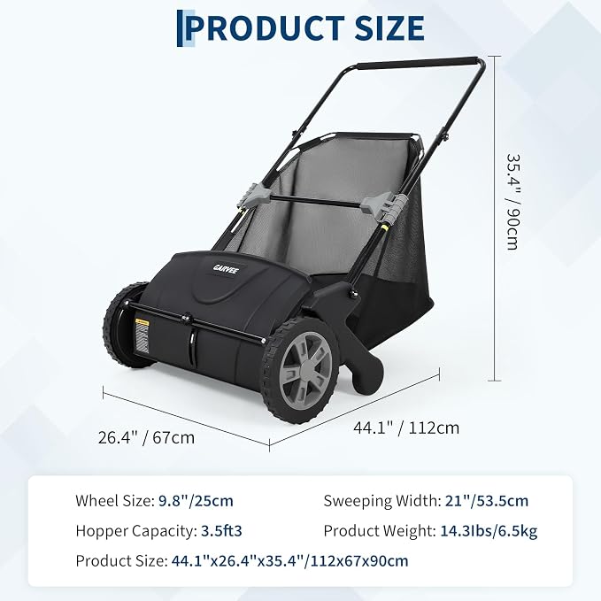 Garvee Push Lawn Sweeper, 21inch Leaf & Grass Collector - Black