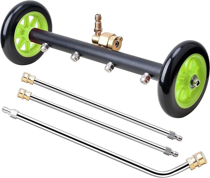 Undercarriage Pressure Washer Attachment 16 inch, Water Broom 4000 PSI | Heliwoo Dual Function Power Washer Surface Cleaner with 4 Nozzles & 3pcs 1/4’’ QC Extension Wand for Chassis Driveway Yard