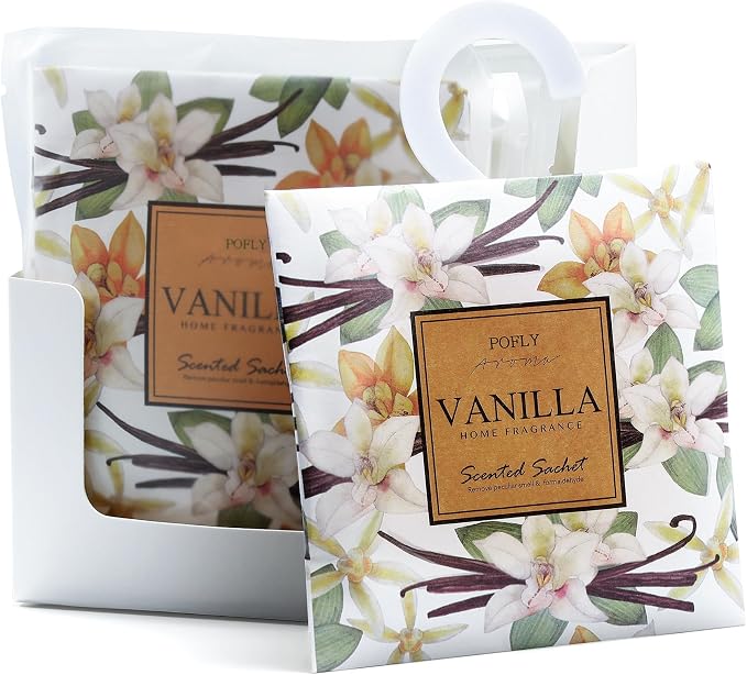 12 Pack Vanilla Scented Sachets, Air Freshener for Home& Small Spaces | Hanging Sachet Bags with Retractable Hook; Closet Deodorizer & Odor Eliminator for Drawers, Shoe Cabinets, Cars & Luggage