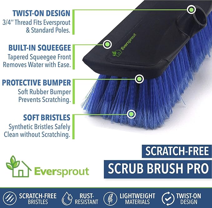 EVERSPROUT Scrub Brush, 1.5 to 3ft Pole, Rubber Bumper, No-Scratch | For Cars, Trucks, RV, Boats, Driveways, Decks, Patios, Decks, House Siding, 8-10ft Standing Reach, Non-Slip Grip, Lightweight