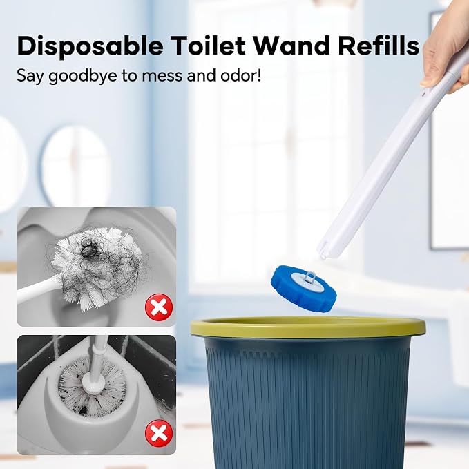 2 Pack Disposable Toilet Brush and Holder Set, Wall Mounted Toilte Wand Kit, Disposable Bowl Ceaner Wand and Caddy with 96 Refills for Closestool Cleaning