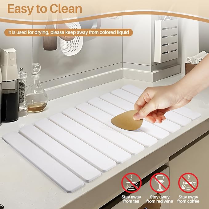 2 PCS Quick Dry Stone Dishes Mats for Kitchen Counter,Collapsible Quick Drying Dish Mats,Ultra Absorbent Diatomaceous Earth Mats for Dishes Bottles Cups, Match Any Countertop（White 24"×16"& 8"x4"）