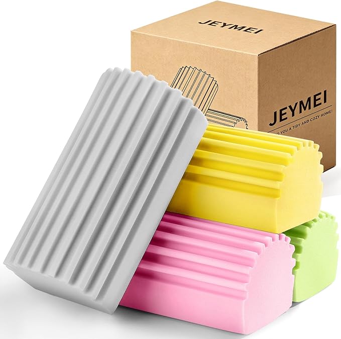 Jeymei Damp Clean Duster Sponge,4Pcs Dust Sponge for Cleaning,Multicolored | Damp Dusting Sponge with Ridges,Baseboard Cleaning Tool,Reusable Wet Duster Sponge,Household Cleaning Sponges for Blinds