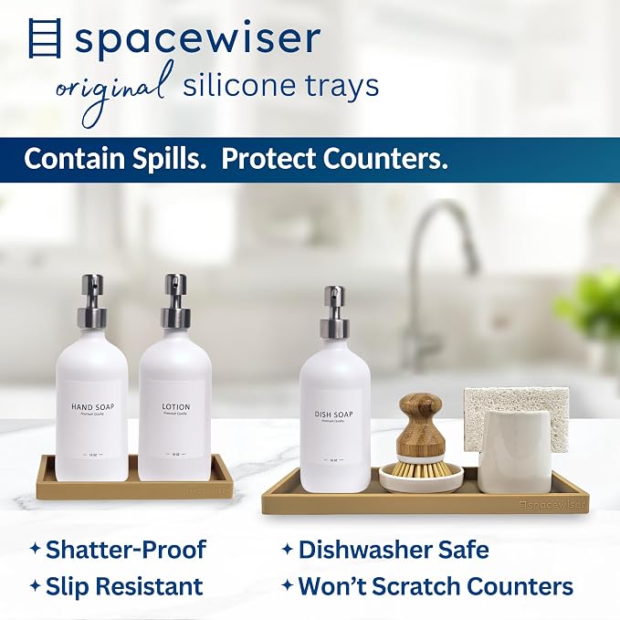 Spacewiser Countertop and Vanity Tray - 2 PC (11” and 7”) Shatterproof Silicone Kitchen and Bathroom Trays for Counter, Kitchen Soap Dispenser Tray, Vanity Trays for Bathroom, Perfume Key Tray