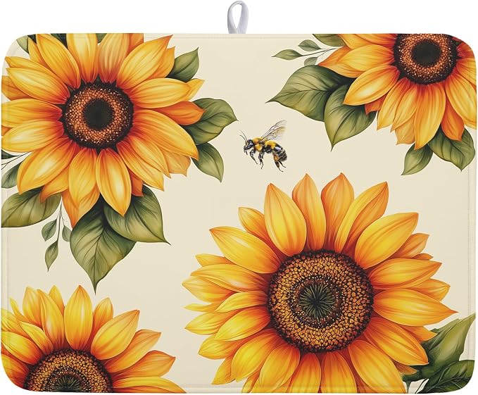 Sunflower Dish Drying Mat 18x24 Inch Absorbent Reversible Summer Drying Mat Sunflower Bee Dish Drying Rack Mat Yellow Summer Themed Dish Drainer Mat for Kitchen Counter Coffee Bar
