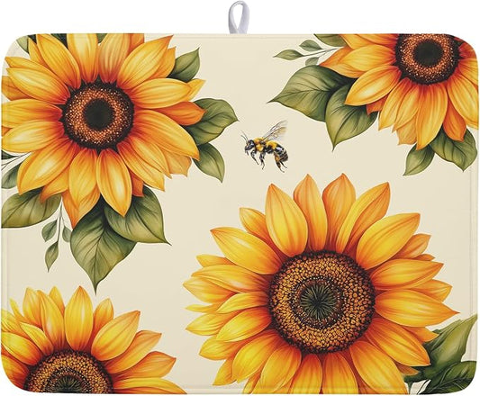 Sunflower Dish Drying Mat 18x24 Inch Absorbent Reversible Summer Drying Mat Sunflower Bee Dish Drying Rack Mat Yellow Summer Themed Dish Drainer Mat for Kitchen Counter Coffee Bar