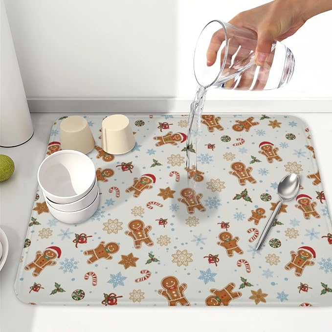 Christmas Gingerbread Man Dish Drying Mat 16x18 Inch Xmas Snowflake | Winter，Polyester，Absorbent Microfiber，for Kitchen Coffee Dining Bar Decor