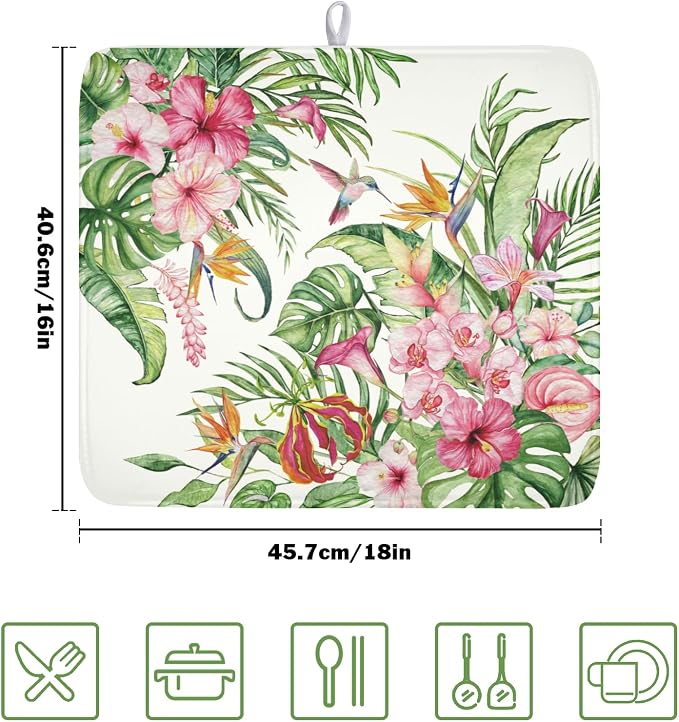 Floral Hibiscus Dish Drying Mat for Kitchen Counter 16x18 Inch | Floral，Polyester，Absorbent Microfiber，for Coffee Dining Bar Decor