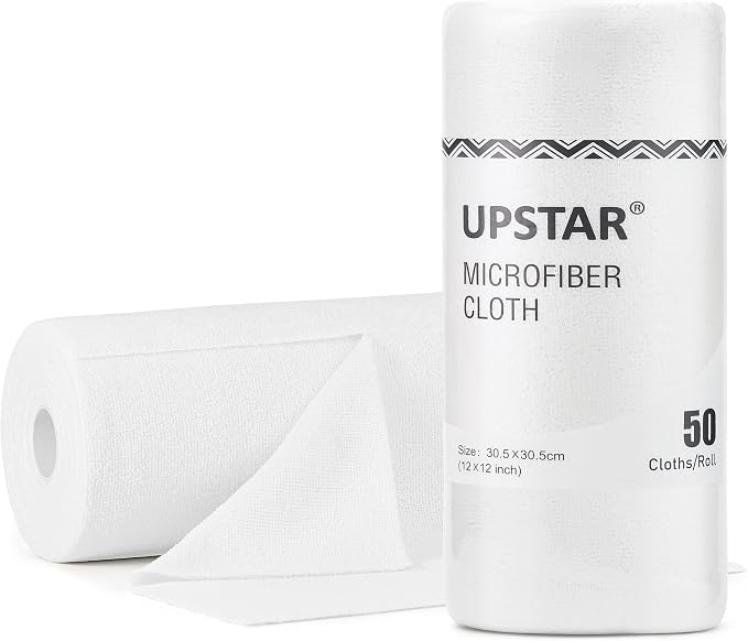 UPSTAR Microfiber Cleaning Cloth, Reusable Paper Towels Rolls, 50 Packs 12x12 inch Cleaning Rags for Washing Dishes, Kitchen, Bathroom, Car, White