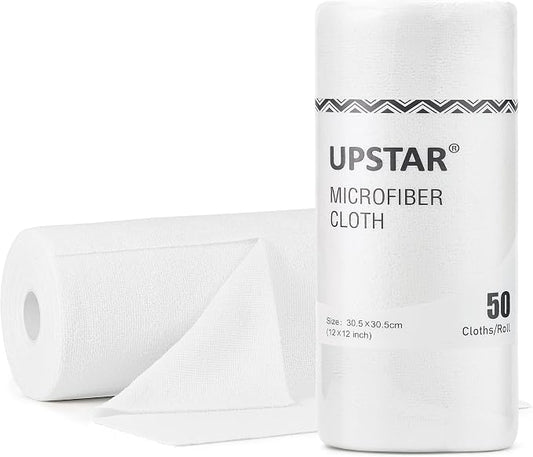 UPSTAR Microfiber Cleaning Cloth, Reusable Paper Towels Rolls, 50 Packs 12x12 inch Cleaning Rags for Washing Dishes, Kitchen, Bathroom, Car, White