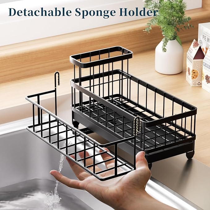 Consumest Sponge Holder for Kitchen Sink - Auto Draining Sink Caddy Organizer with Detachable Rack, High Brush Holder, Kitchen Countertop Storage Accessories, Black