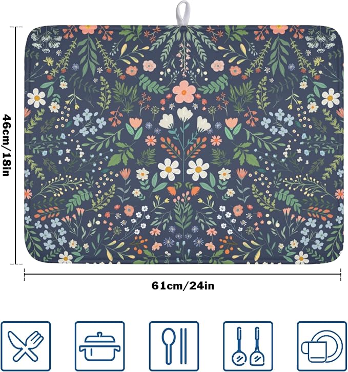 Floral Dish Drying Mat for Kitchen Counter Rustic Flower Leaves Print Microfiber Dish Drainer Mat Farmhouse Floral Absorbent Washable Drying Pad Extra Large 18"x24"