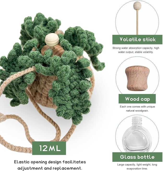 2 PCS Crochet Car Air Freshener, 12ml Empty Car Diffuser Bottle with Crochet Hanging Plant Basket, Hanging Fragrance Oil Diffuser for Car Interior Decor, Car Accessories