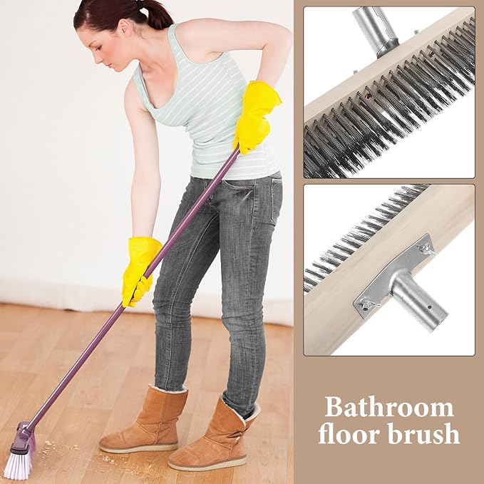 Heavy Duty Outdoor Scrub Brush with Stainless Steel Wire Bristles, 30cm Floor Scrubber Brush with Long Wooden Handle for Moss Removal and Hard Surface Cleaning on Patio, Garage,