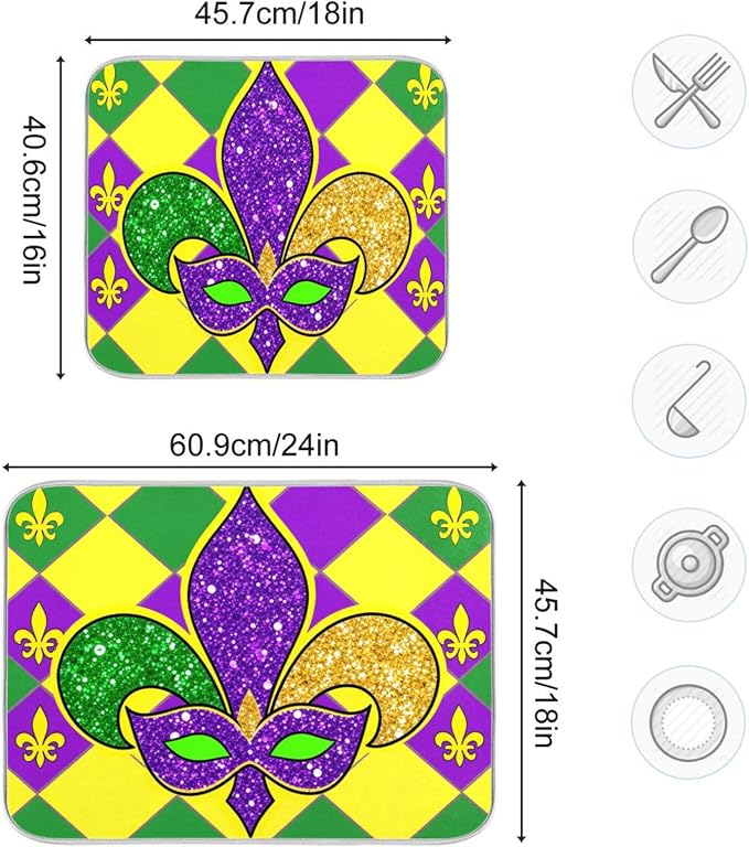 Mardi Gras Fleur De Lis Dish Drying Mat 16 X 18 Inch Rhombus Carnival Mask Absorbent Microfiber Dry Dishes Pads Tableware Mats Protector for Kitchen Countertops Counter Home Decorations