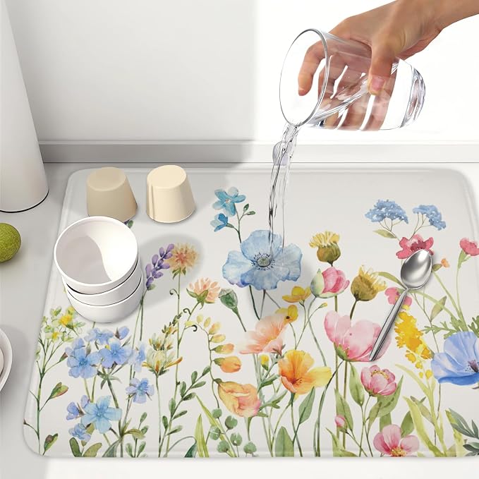 Botanical Floral Dish Drying Mat for Kitchen Counter 18x24 Inch | Wildflower，Polyester，Absorbent Microfiber，for Kitchen Coffee Dining Bar Decor