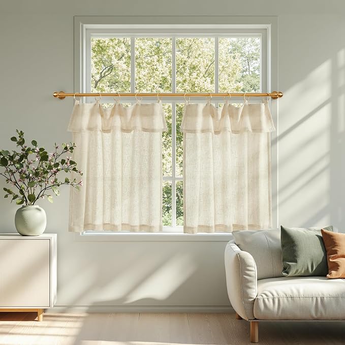 jinchan Linen Tier Kitchen Curtains, 30x24, 2 Panels, Natural | Light filtering, rod pocket, farmhouse, small window decor, cafe style, machine washable, bathroom, laundry room, RV