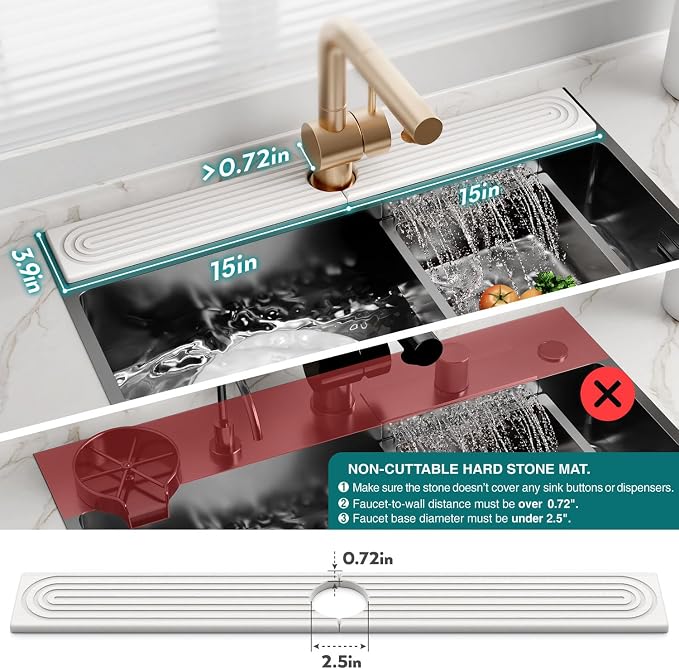 eormoe 30 Inch Faucet Mat for Kitchen Sink - Instant Dry Sink Protector for Countertop, Extra-Long Diatomaceous Earth Stone Sink Tray Around Faucet for Kitchen Bathroom RVs (Light Grey, 30" x 3.9")