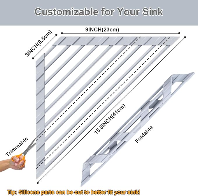 HANZENMA Triangular Sink Rack, Multi-Functional Rack Above the countertop, Foldable Sink Drying mat, Heat-Resistant, Non-Slip, and Rust-Proof Dish Rack (Gray)