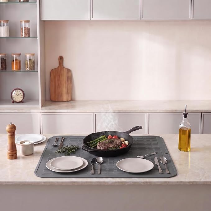 MicoYang Silicone Dish Drying Mat for Multiple Usage,Easy clean,Eco-friendly,Heat-resistant Silicone Mat for Kitchen Counter or Sink,Refrigerator or Drawer Liner Grey 4XL 32 inches x 18 inches