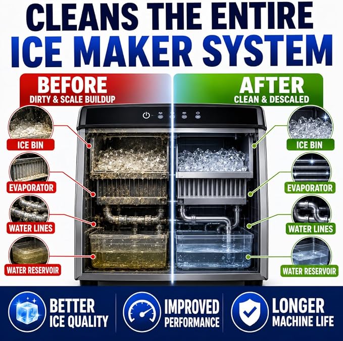 Ice Machine Cleaner Tablets Descaler – 24 Pack (1 Year Supply) – Nickel-Safe, Removes Mold & Improves Taste – Compatible with Countertop & Nugget Ice Makers
