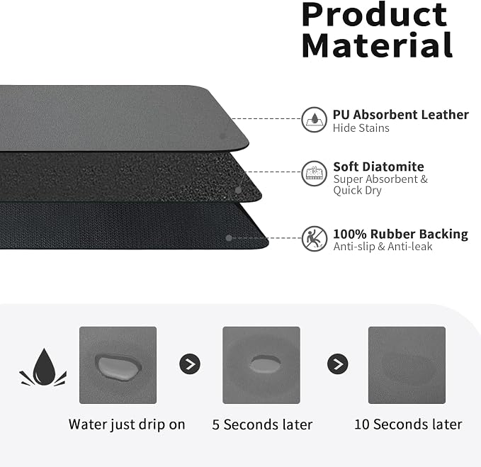 HotLive Dish Drying Mat for Kitchen Counter, Heat Resistant Drainer Mats with Non-slip Rubber Backed, Hide Stain Kitchen Super Absorbent Draining Mat, Easy to Clean Dish Rack Pad, Dark Grey 16"x18"