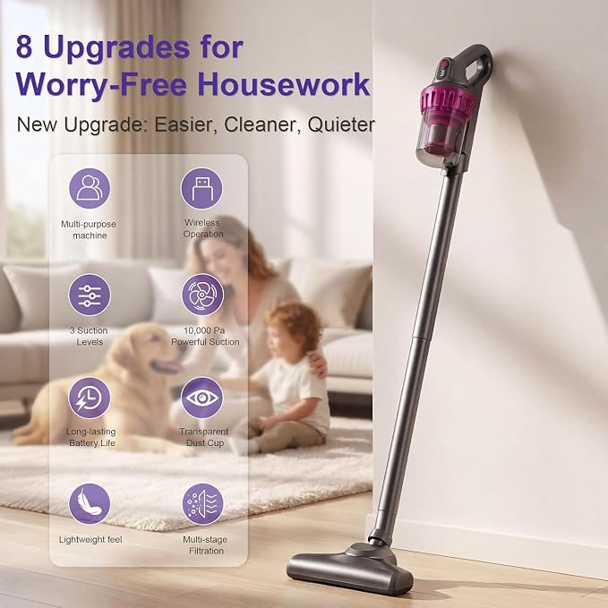 Cordless Stick Vacuum Cleaner, 6-in-1 Lightweight Handheld Vacuum, Built-in Mattress Vacuum Cleaner, 3-Speed Suction, Powerful Multi-purpose Cleaner for Hardwood Floors, Carpet, Pet Hair, Car Cleaning